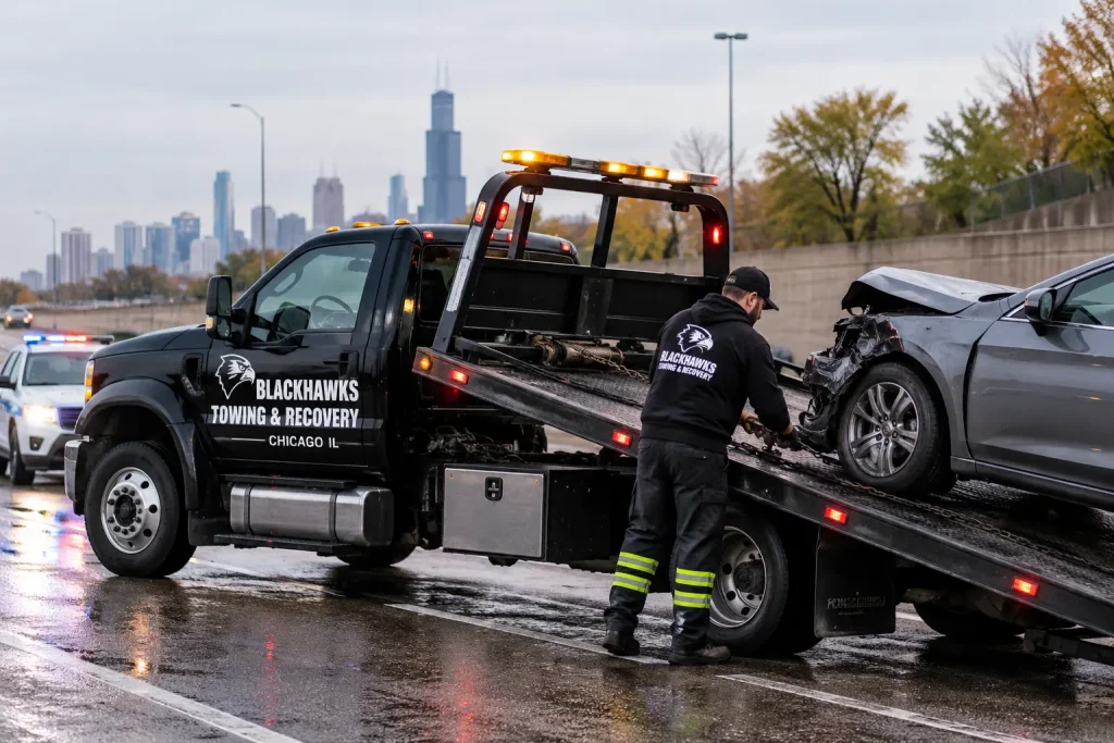 Blackhawks Towing tow truck recovering a damaged car after a roadside accident in Chicago IL