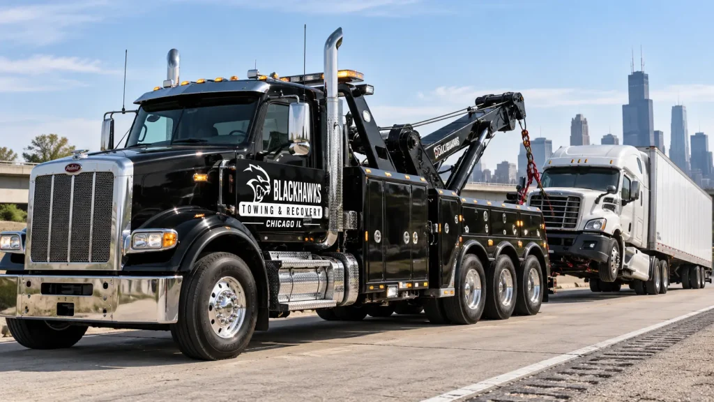 Blackhawks Towing heavy-duty tow truck recovering a semi-truck on a Chicago-area roadway.