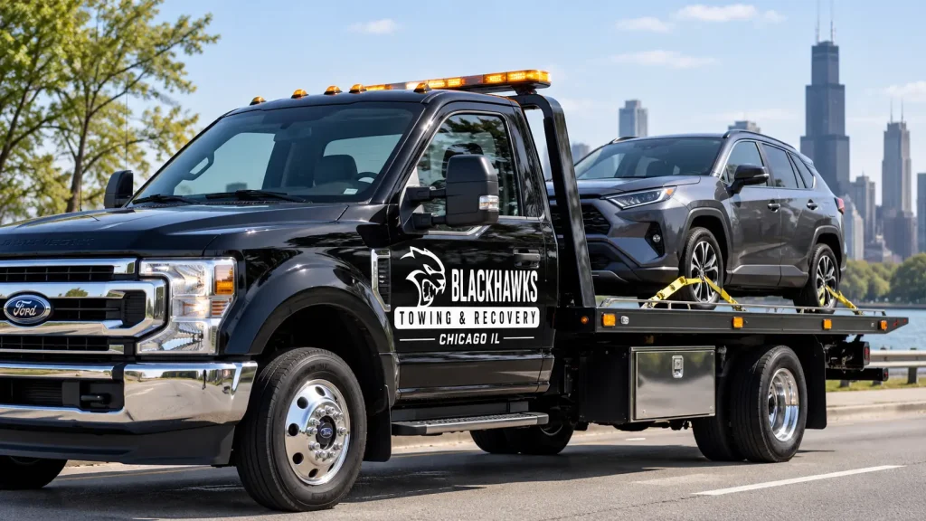 Blackhawks Towing flatbed tow truck transporting an SUV in the Chicago area.